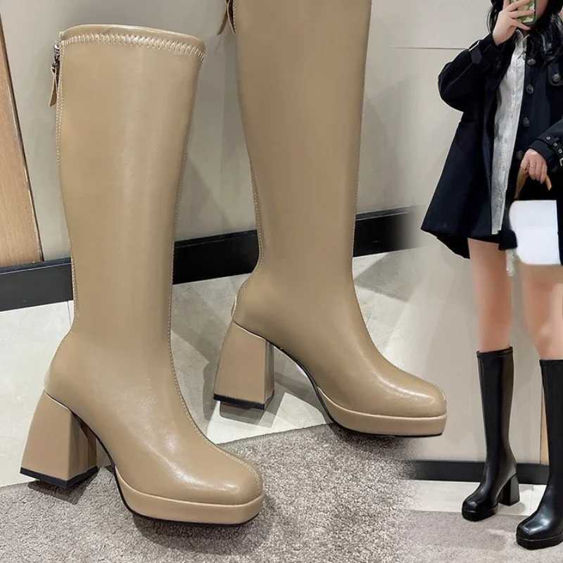 High Quality Black Winter Warm Boots Fi Platform Thick Heel Knee High Zipper Autumn Lg Shoe Square Heel Rubber T241206