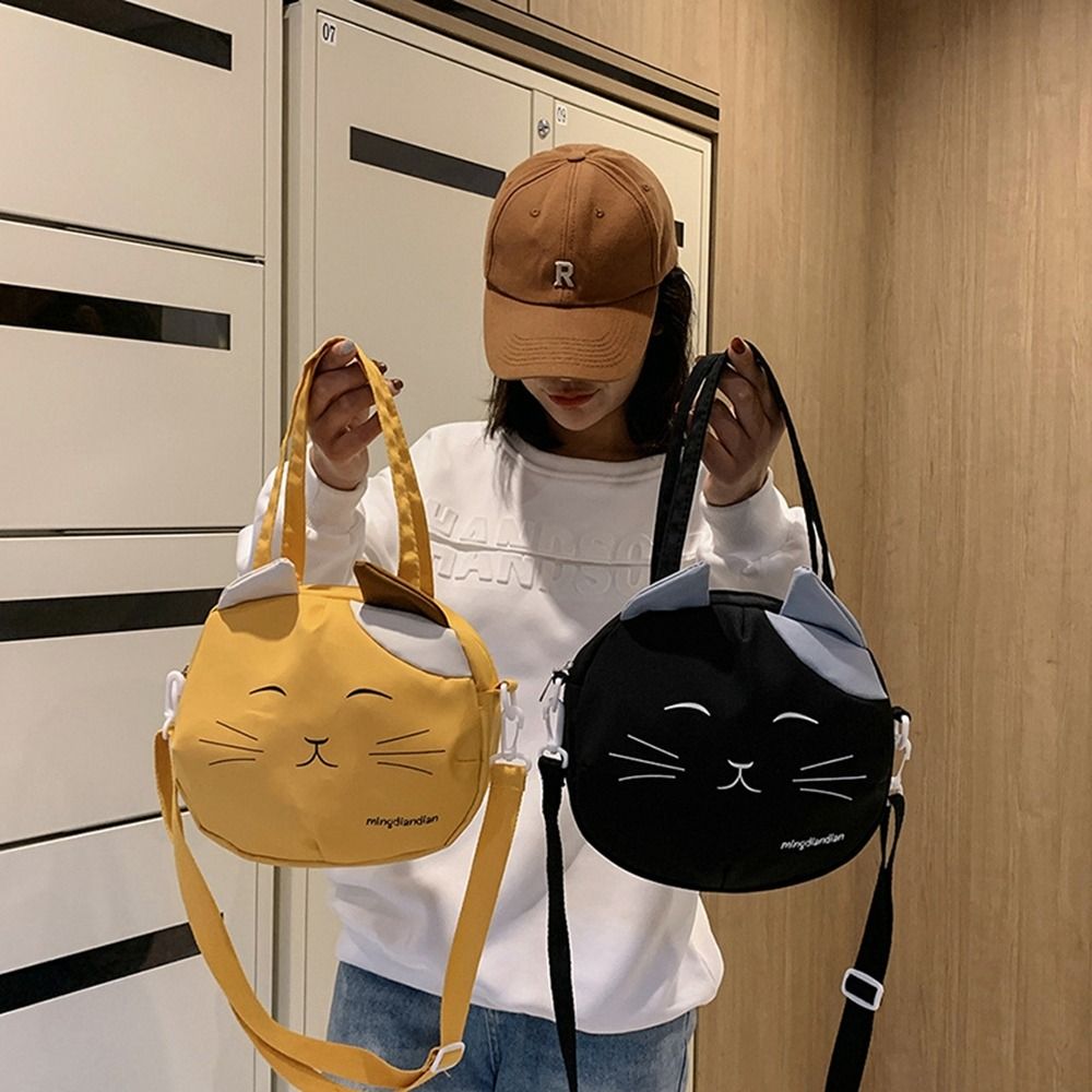 Casual Canvas Nylon Prints Cat Messenger Bag Large Capacity Shoulder Bag Handbag College Style Portable Crossbody Bag Students