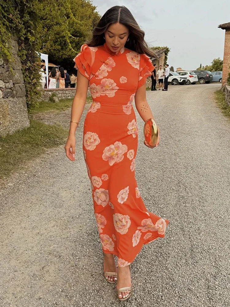 Elegant Print Party Dress Women Sexy Slim Hip Package Maxi Female Dresses Fashion Short Petal Sleeve Rose Lady Evening Robe 240801