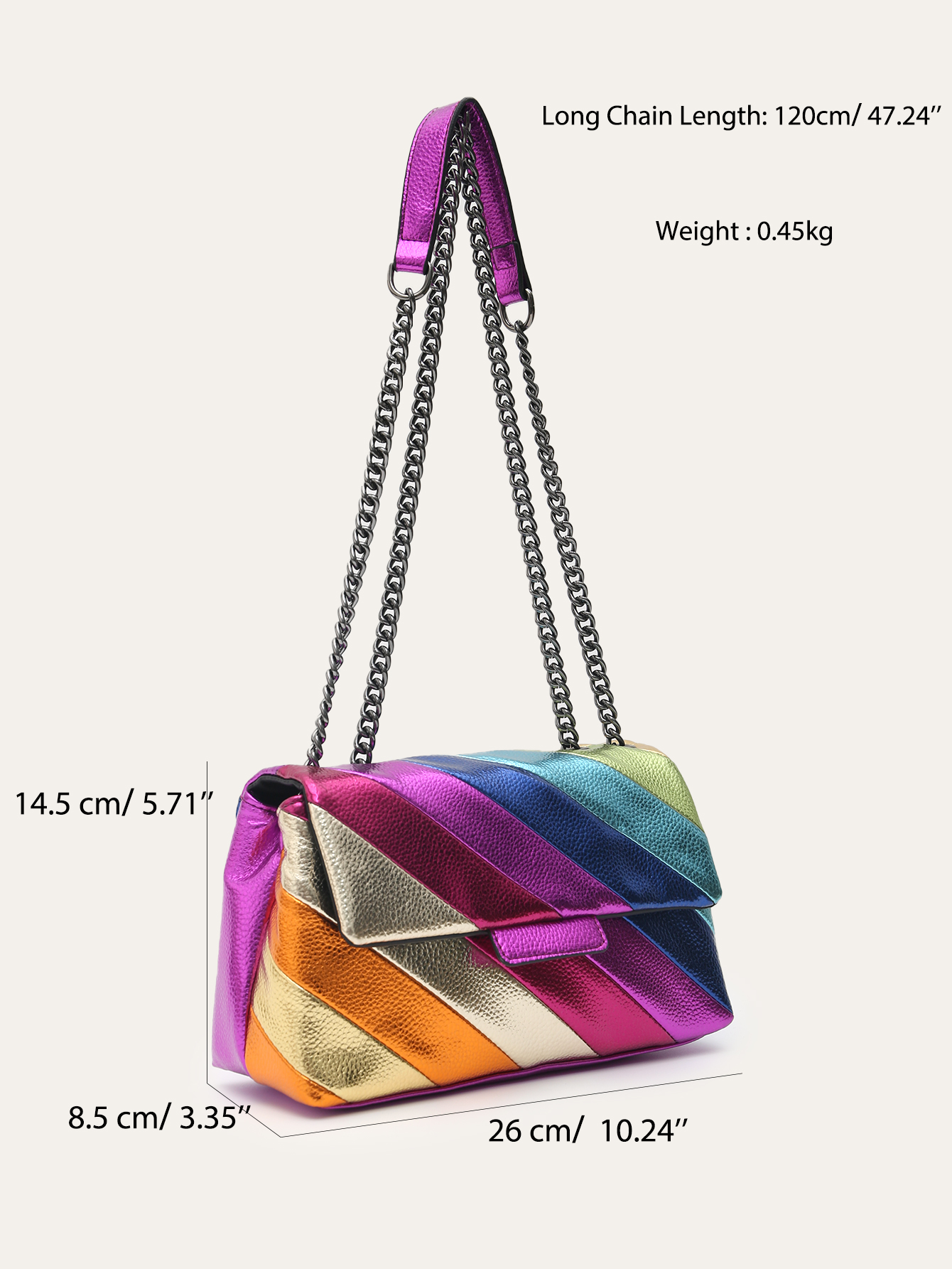 CEZIRA Women Fashion Funky Metallic Colorful Stripes Handbags PU Leather Square Magnetic Flap Long Chain Cross Body Shoulder Bag