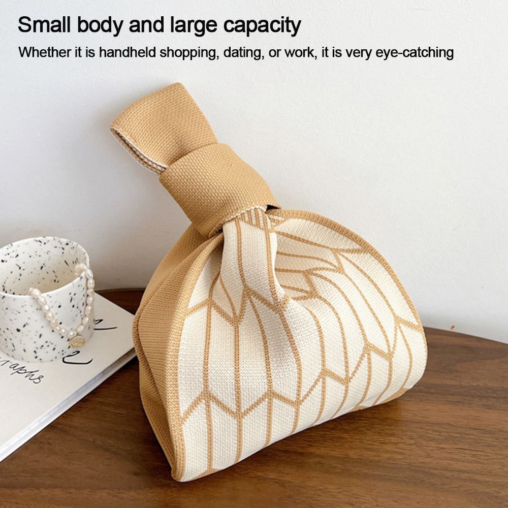 Handmade Knit Handbag Casual Color Tote Bag Women Girls Mini Knot Wrist Bag Plaid Shoulder Bag Reusable Shopping Bags