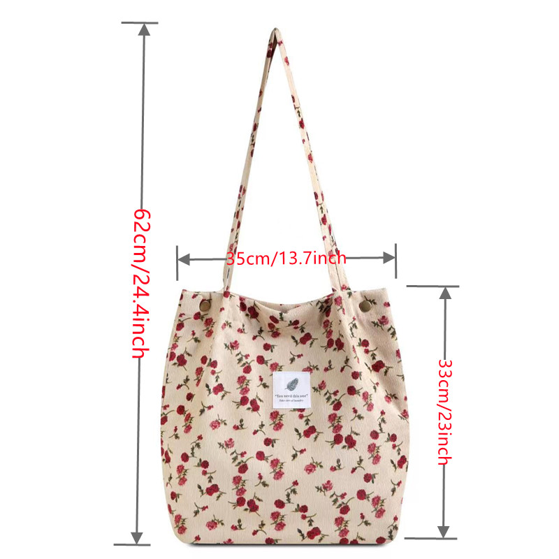 Women Printed Handbag Casual Version Large Capacity Corduroy Canvas Shoulder Bag Travel Shopping Plush
