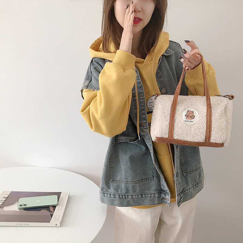 Cute Bear Women Little Boston Bag Woolen Corduroy Shoulder Bag Small Handbag Plush Crossbody Bags Cloth Zipper Purse For Girls