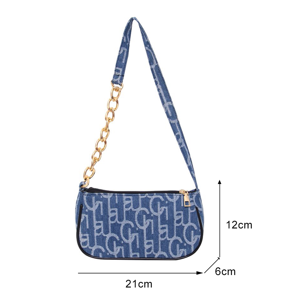 Women Letters Printing Design Denim Shoulder Bag Zipper Chain Small Purse Handbags Ladies Elegant Casual All-match Underarm Bags