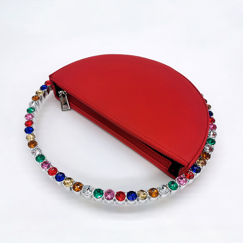 Colour Diamond Circular Evening Bag Women New Round Handle Rhinestone Dinner Clutch Purse Ladies Half Moon Handbag Fashion