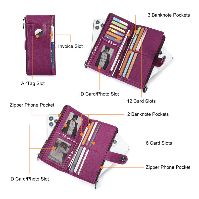 YKOSM Long Women Airtag Wallet Luxury Genuine Leather Zipper Purse Lady RFID Blocking ID Credit Card Bag Anti-lost Card Holder