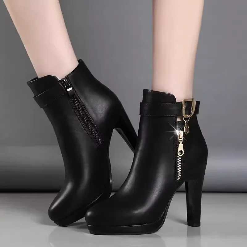 Round toe high-heeled shoes for women in winter 2024 sexy plush ankle boots simple slim fit high-heeled leather shoes elegant womens high-heeled shoes