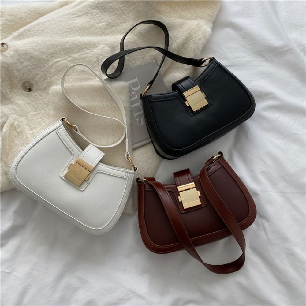 Vintage Trendy Ladies Underarm Shoulder Bag Solid Color Lacquer PU Leather Handbag Fashion Simple Female Purse