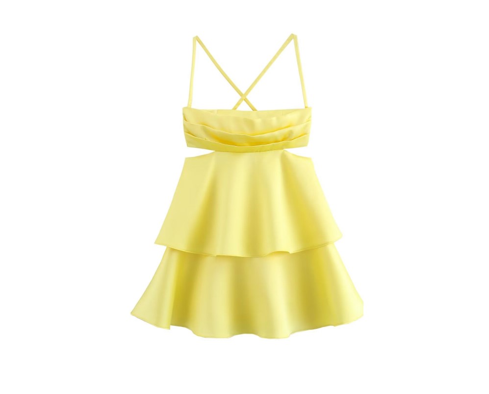 Casual Dresses Women Fashion Mini Dress Yellow Square Collar Sleeveless Backless Hollow Out Zipper Female Summer Sexy