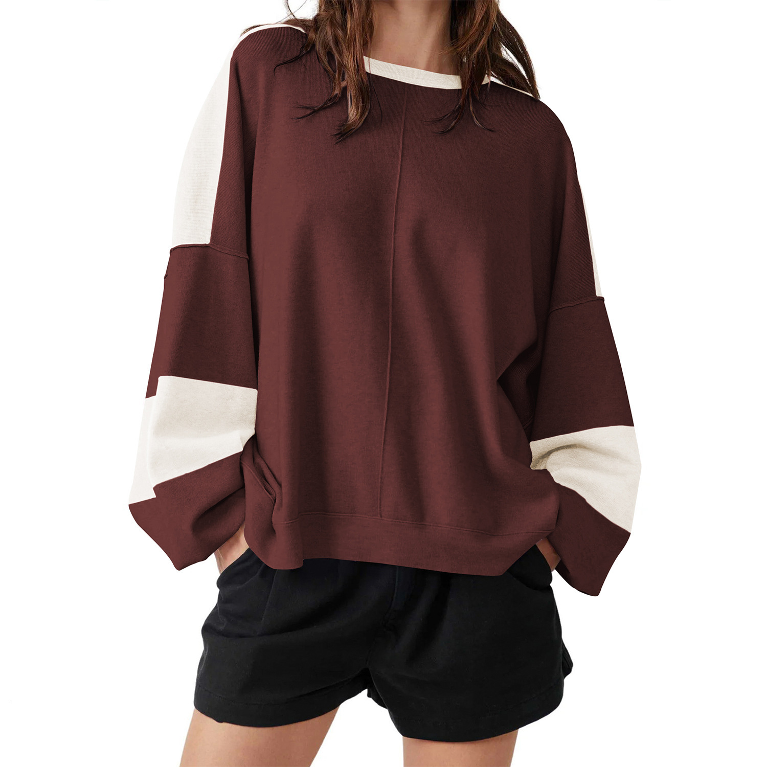 Stylish design with long sleeves loose stitching, contrasting color hoodie, fashionable round neck, autumn and winter women's clothing F8.2#52
