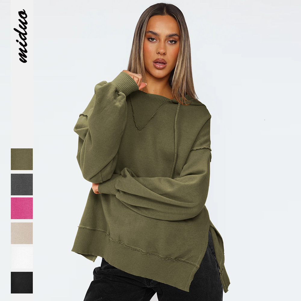 Solid color drawstring hooded sweatshirt with slit fashion trendy brand long sleeved top baseball jersey F8.2#53