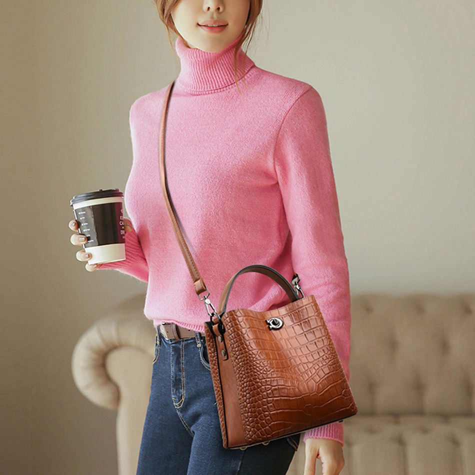 Retro Alligator Bucket Bags Women Crocodile Pattern Capacity Casual Oil Leather Shoulder Messenger Bags Ladies Handbag Purses