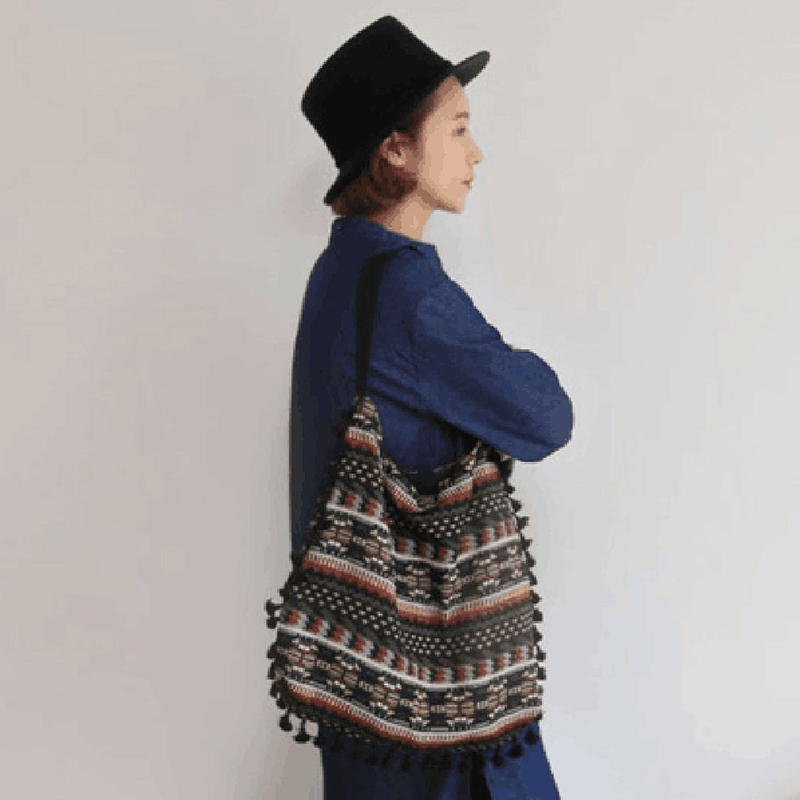 Women's Handbag Tassel Cotton Linen Daily Versatile Female's Canvas Bags Stripe Ethnic Style Single Shoulder Bag for Ladies