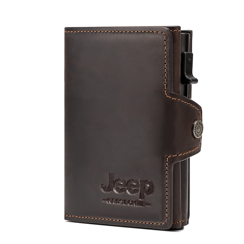 Genuine Leather Men's Short Wallet Small Mini Money Clip RFID BLocking Credit Automatic Card Holder with Free Engraving Service