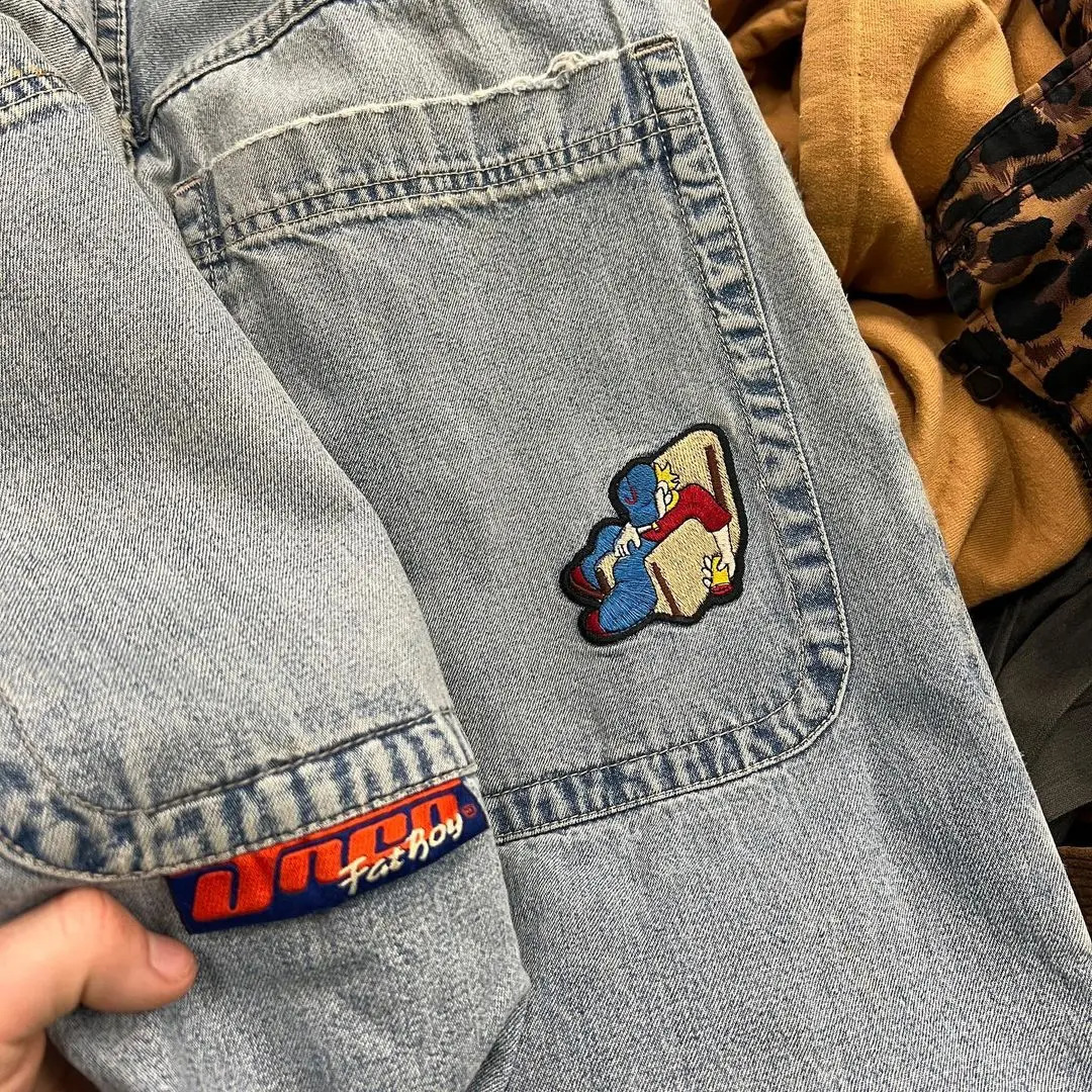 JNCO Jeans Mens Harajuku Retro Hip Hop Cartoon Embroidery Baggy Jeans denim Pants 90s Street Gothic Wide Trousers Streetwear 240802