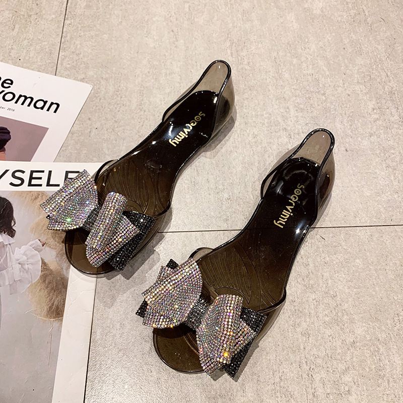 Shoes Plastic Sandals 2023 Women's Flat Fish Mouth Rhinestone Bow Beach Shoes Seaside Leisure Fashion Transparent Sandal