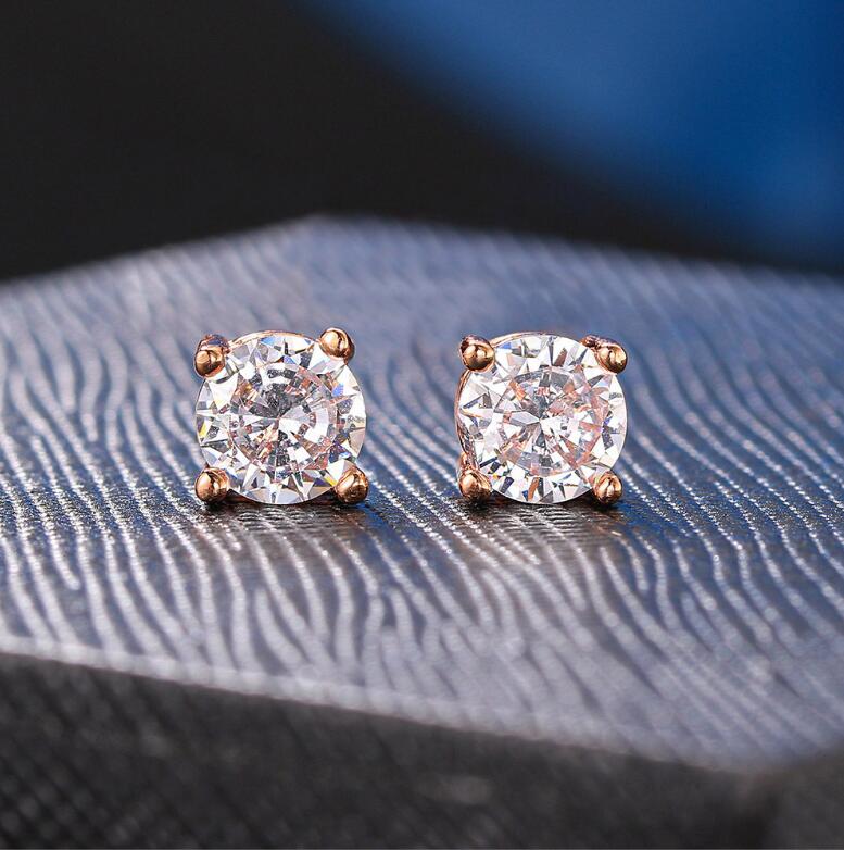 Sterg Sier 2024 Stud Earrings Women, 5A Cubic Zirconia 4-Claw Round Cut Rose Gold Filled Jewelry for Wedding, Party, Gift