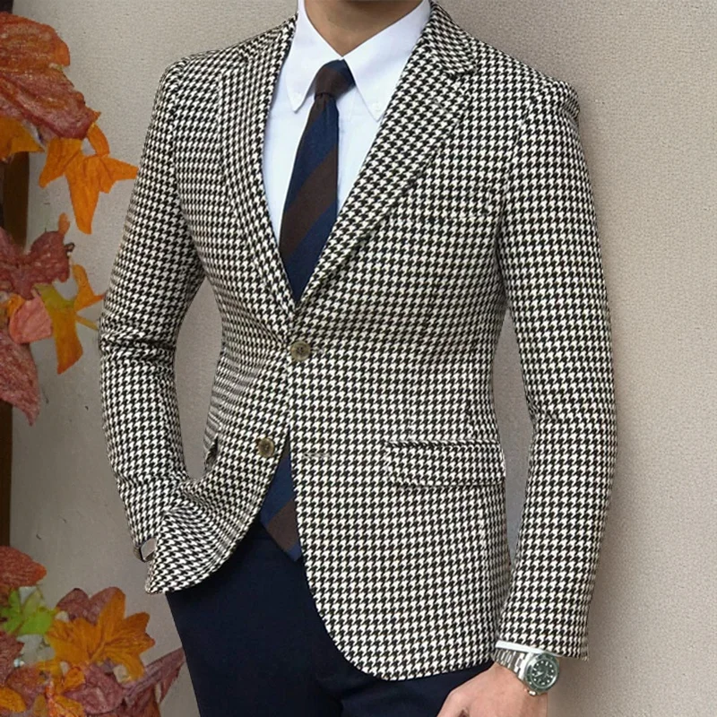 Houndstooth Plaid Blazer for Men One Piece Suit Jacket with 2 Side Slit Slim Fit Casual Male Coat Fashion Clothes 2024