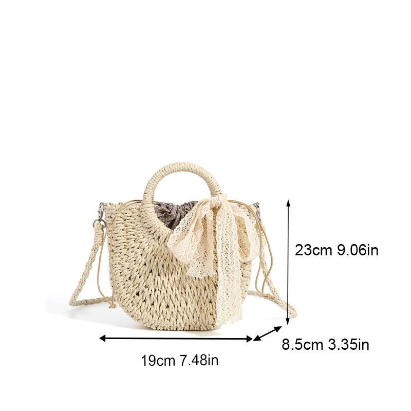 Summer New Simple Handheld Straw Woven Bag Women's Personalized Solid Color Half Round Shoulder Crossbody Travel Vacation Bag