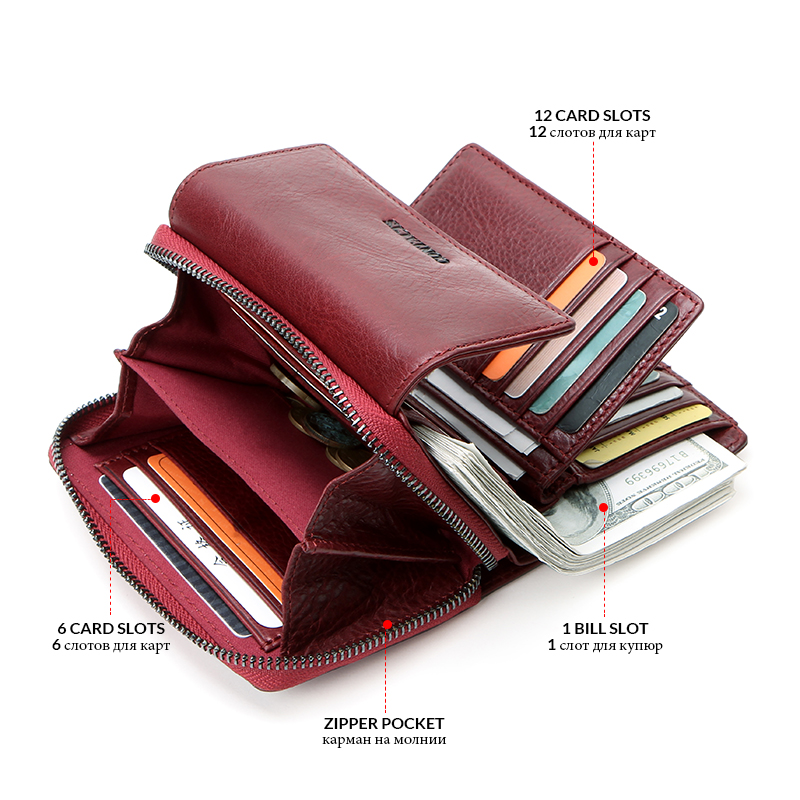 CONTACT'S Genuine Leather Wallet Women Short Coin Wallets for Women Female Card Holder Red Small Hasp Money Bag