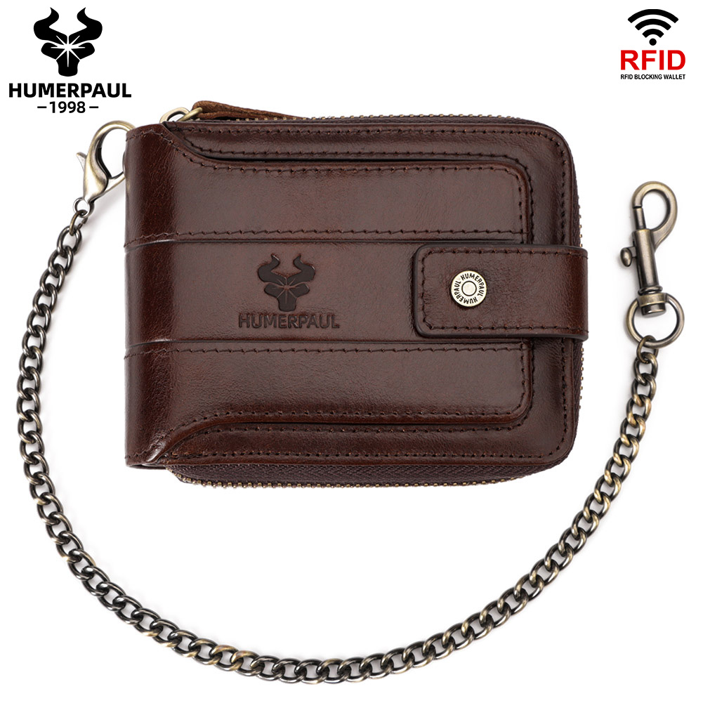 HUMERPAUL Genuine Leather Men's Wallet RFID Male Credit Card Holder with ID Window Multifunction Storage Bag Zipper Coin Purse