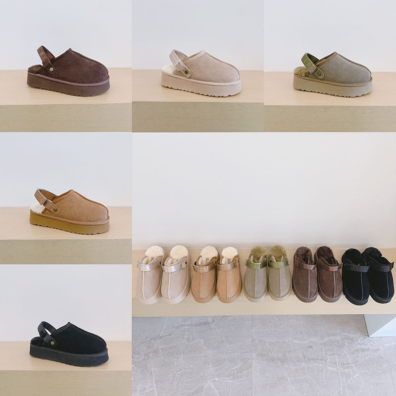 Lanah Clog Slippers Winter Platform Fur Slides Chestnut Sand Suede Leather Warm Women Men Shoes Ankle Strap House Slipper Size 35-45