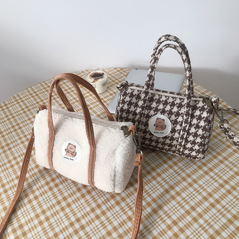 Cute Bear Women Little Boston Bag Woolen Corduroy Shoulder Bag Small Handbag Plush Crossbody Bags Cloth Zipper Purse For Girls