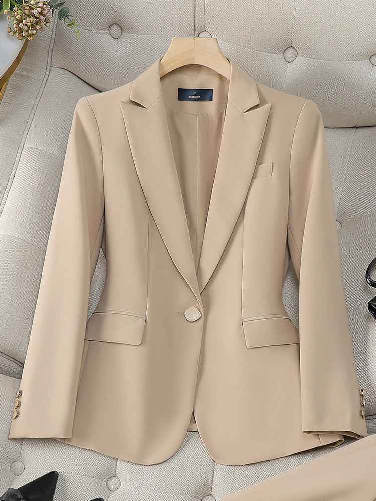 ly arrived autumn and winter khaki navy womens jacket long sleeved single button office business workwear formal 240827