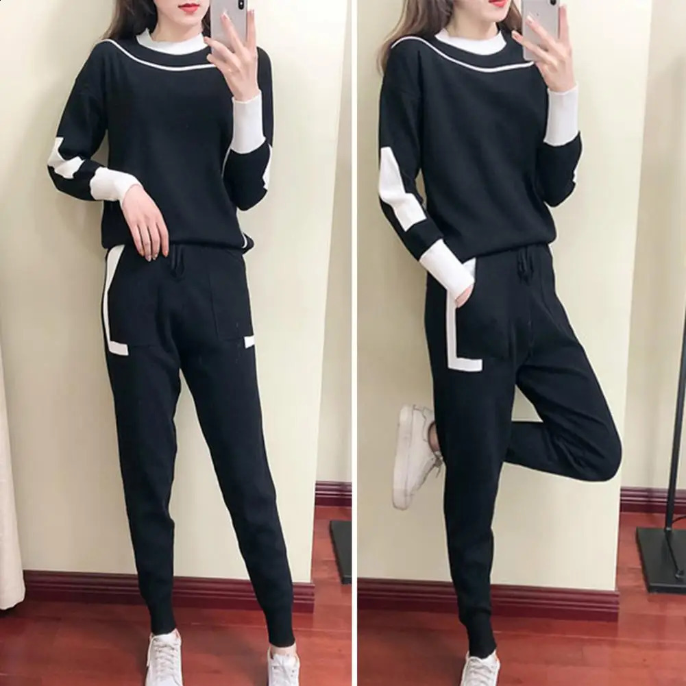 Womens Autumn Winter O Neck Sweater Two Piece Set Female Knitted Pants Suits Fashion Casual Pullover Tracksuits Outwear 240801