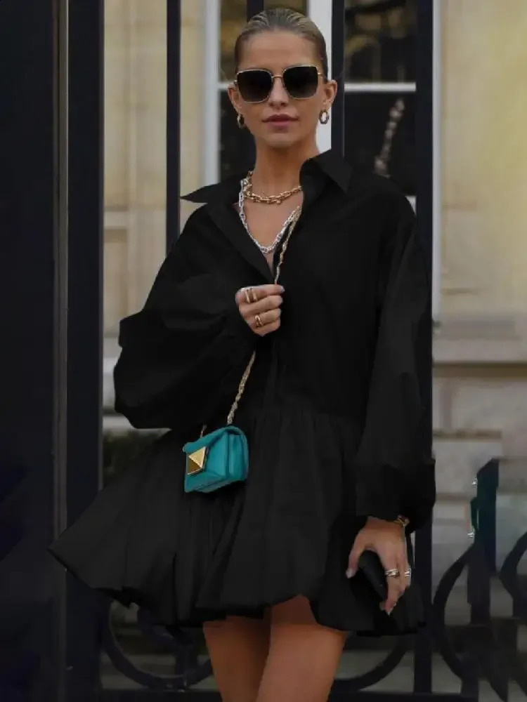 Gmystars Womens Short White Dress Summer and Autumn Collar Fluffy Long Sleeve Spliced Folded Womens Mini Shirt Dress 240729