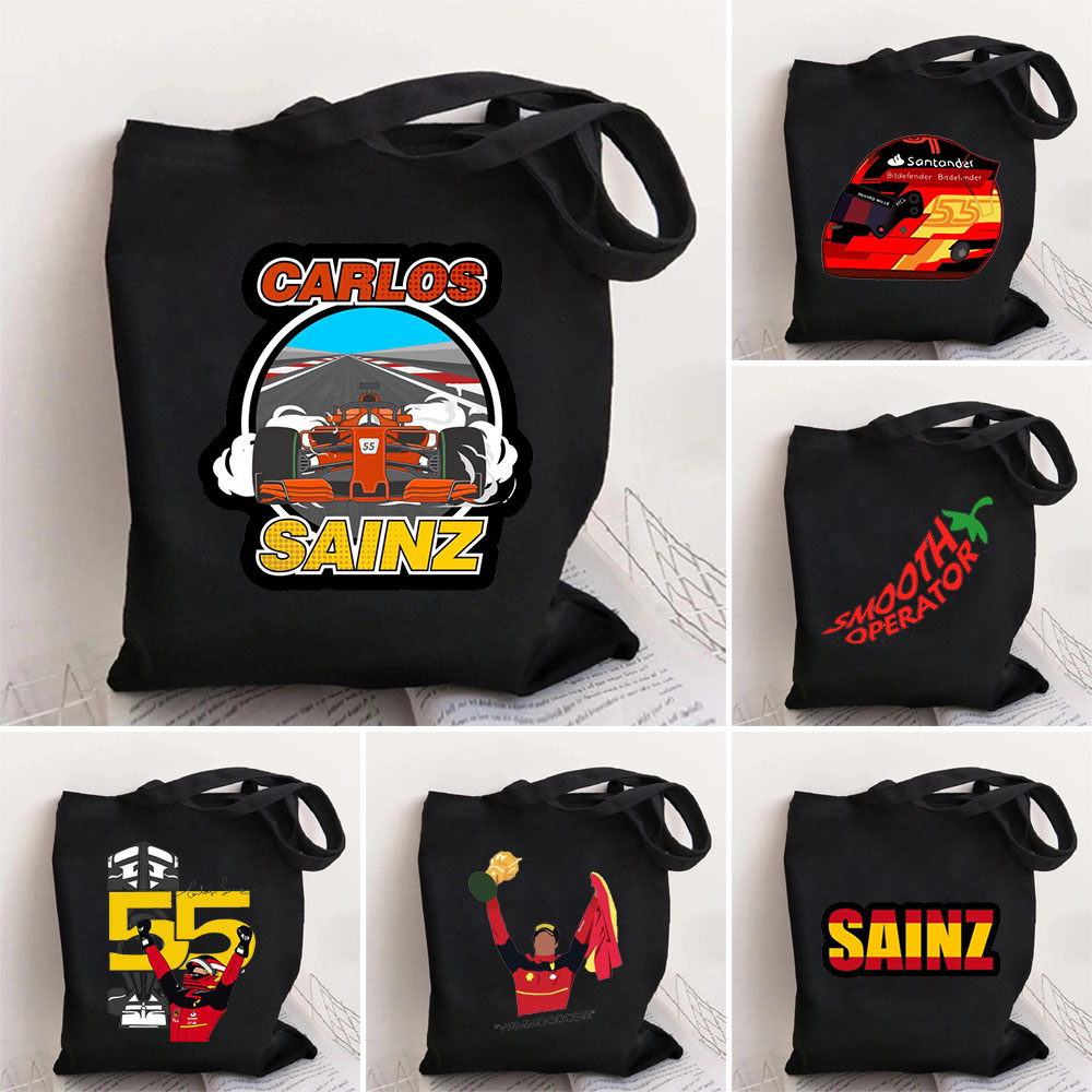 Cartoon Carlos Sainz 55 F1 Formula Racer Mini Tote Bags Shopping Bag Canvas Reusable Summer Large Capacity Shoulder Handbags