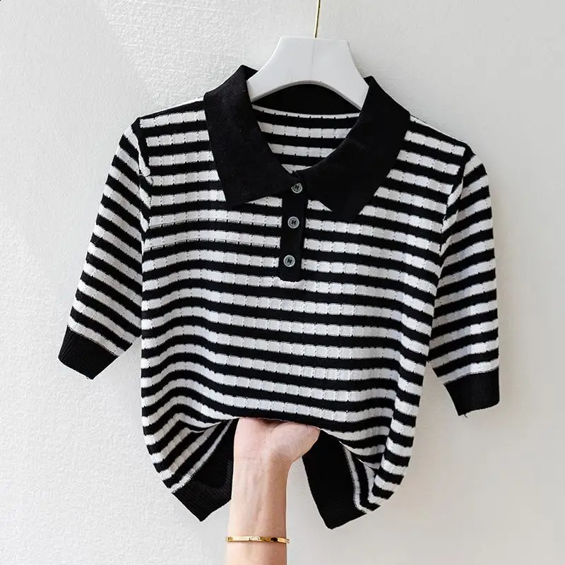 Fashion Women Short Sleeve Striped Knitted Polo Shirts Spring Summer All-match Tees Female Clothing Pullover Bottoming Tops 240801