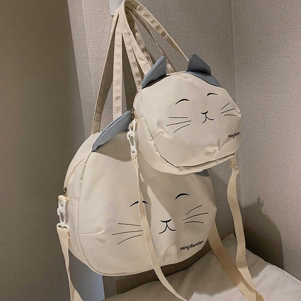 Casual Canvas Nylon Prints Cat Messenger Bag Large Capacity Shoulder Bag Handbag College Style Portable Crossbody Bag Students