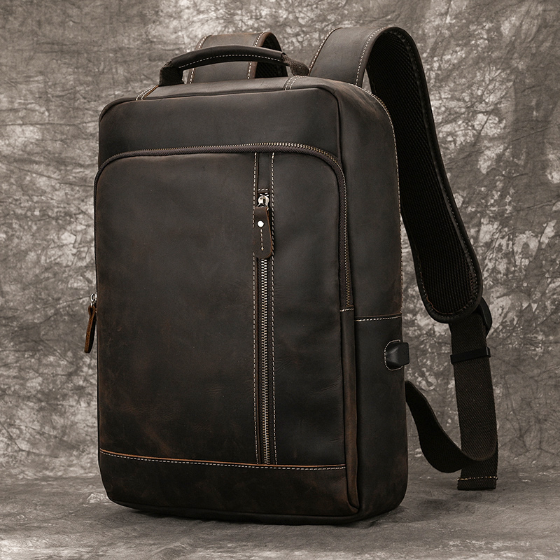 Crazy Horse Leather Backpack For Men - 15.6 Laptop, Cowhide, Large Capacity, Travel Daypack With USB Cable New Free Delivery Designer Bag