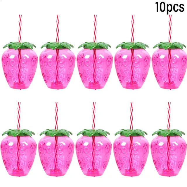 10pcs Plastic Strawberry Pineapple Drinking Cup with Straw Hawaii Party Decoration Luau Flamingo Summer Beach Pool Party Decor 240802