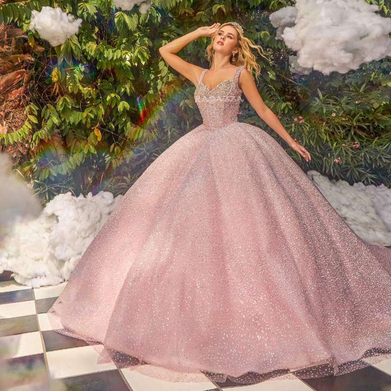Pink Luxury Quinceanera Dresses Ball Gown Off The Shoulder Beads Crystal Tull Birthday Party Vestidos De 15 Anos Sweet 16