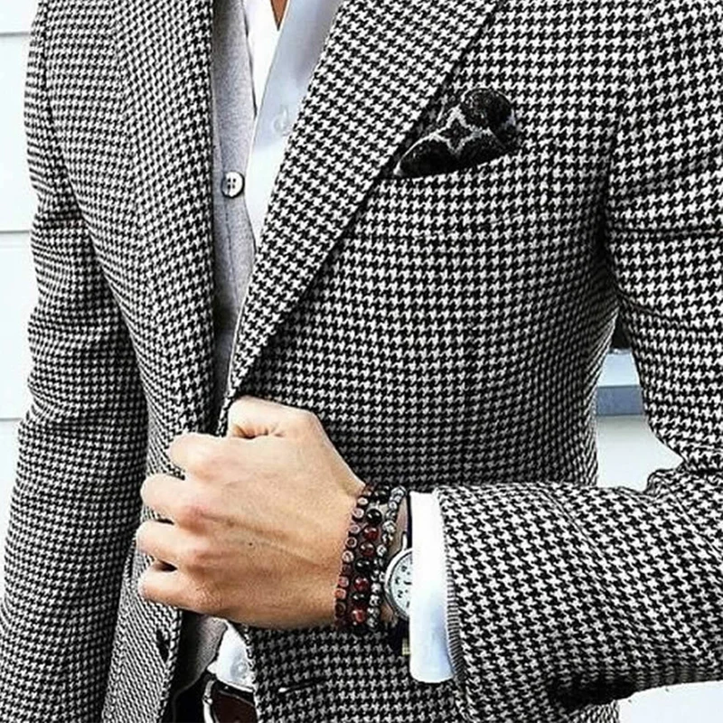 Italian Style Men's Blazer Houndstooth Casual Man Suit Jacket Notched Lapel 1 Piece Check Wedding Coat for Prom Party 2024