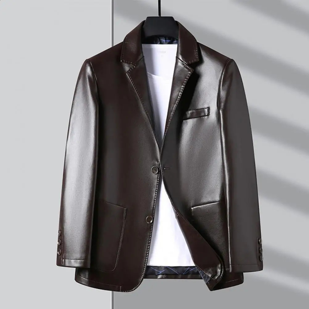 Premium Fabric Men Jacket Stylish Lapel Collar Mens Jacket with Button Cuffs Pocket Faux Leather Coat for Outdoor Business 240822