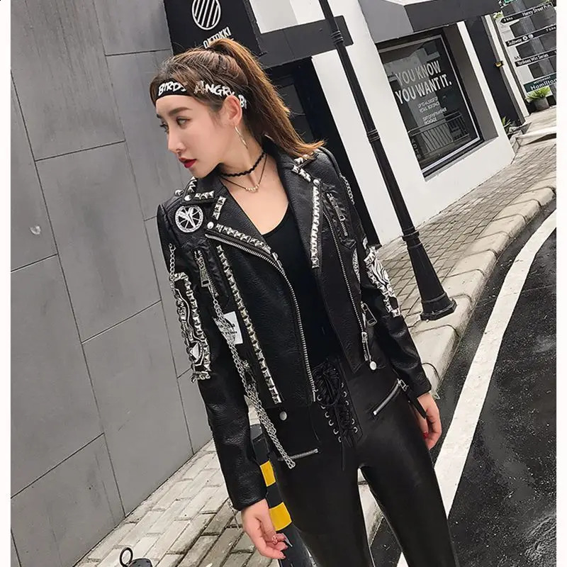 Goth Slim Short Leather Jacket Winter Womens Coats Harajuku Fashion Tops Women Y2k Rivet Jackets Biker Clothes Vintage Outwear 240802