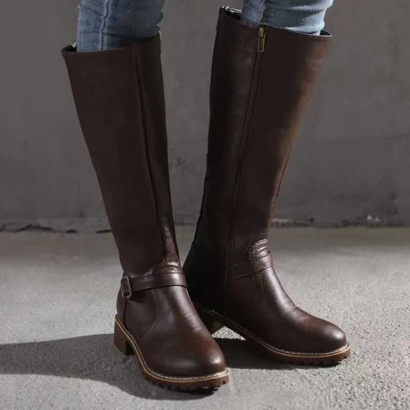 High Quality Knee high Square Heel Modern Boots Winter Round toe Womens Shoes S Brand Low Heel Solid Buckle Wens Boots T241206