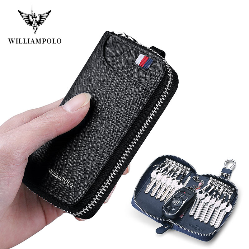 WILLIAMPOLO Leather Housekeeper Holders Car Keychain Key Bag Case Men Black Keys Wallet Cover Simple Solid Color Storage Bags