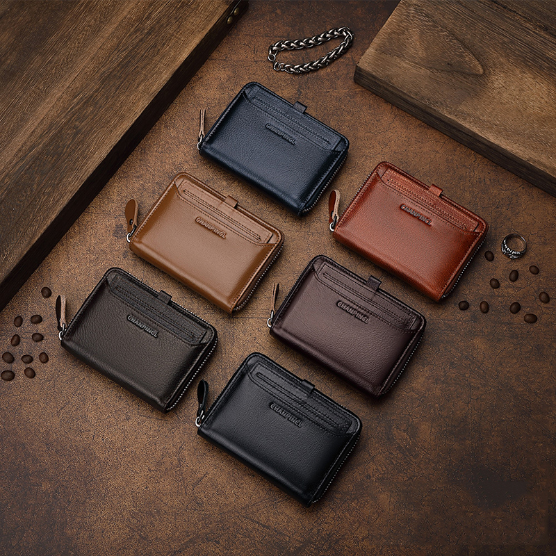 Gift Box Men's Top Layer Cowhide Extraction Card Holder Genuine Leather Zipper Wallets Vertical Multi-functional Business Wallet