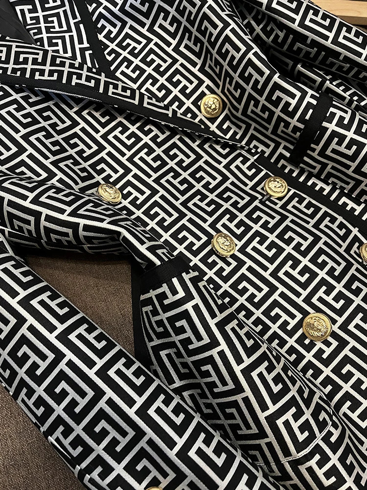 Stylish Western Style Ribbon Edge Classical Black White Geometric Pattern Jacquard Doublebreasted Women Blazer 240801