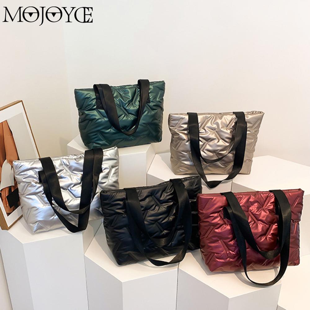 Women Quilted Tote Handbag Large Capacity Brand Designer Casual Winter Shoulder Bag Fluffy Down Luxury Purses Shiny for Female