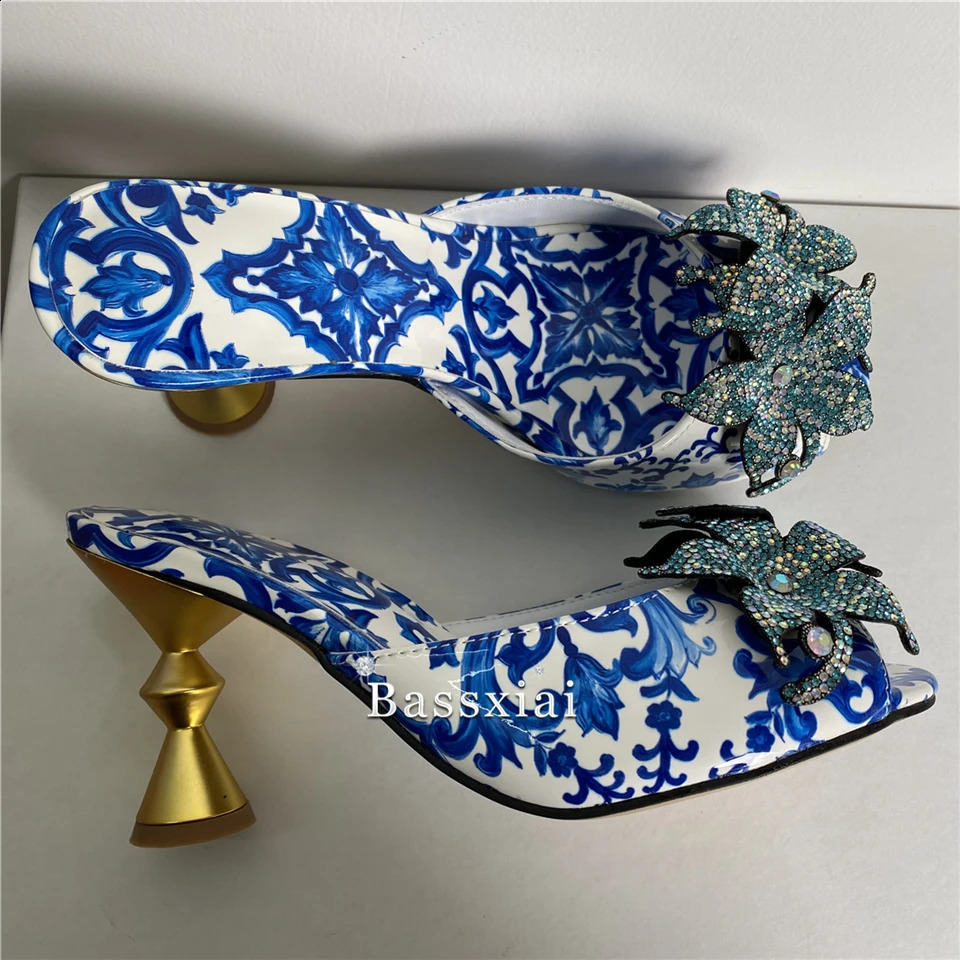 Unique printed genuine leather modern sandals for women with strange metal heels crystal rhinestone flower suspenders mules summer 240731