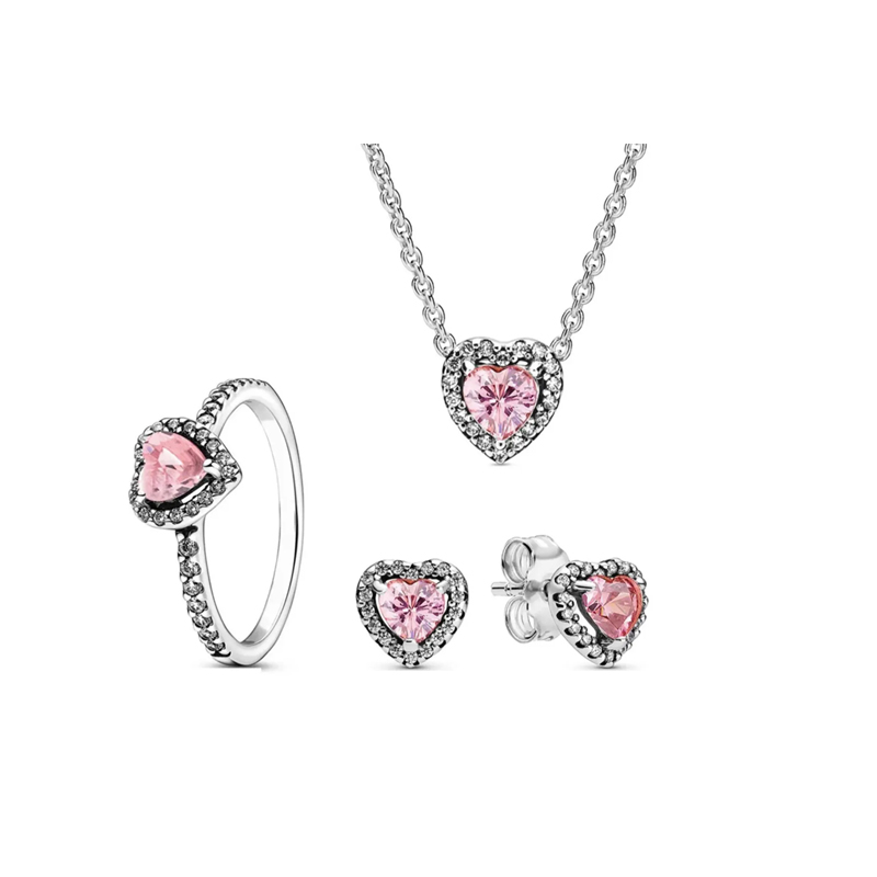 925 Silver Love Charm Necklace Ring Earrings Set Jewelry Dark Red Pink Romantic Valentine Day Women's Family Gift Personality