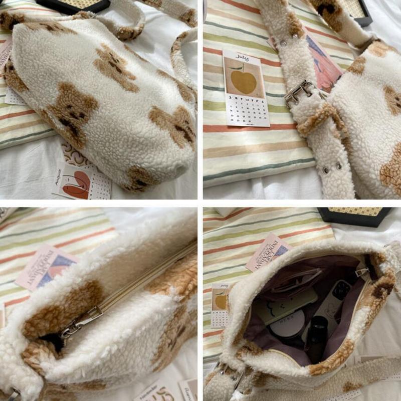Women Cute Bear Like Fabric Plush Shoulder Bag Simple Handbag Tote Bag Embroidery Soft Shopping School For Girls Sac Femme