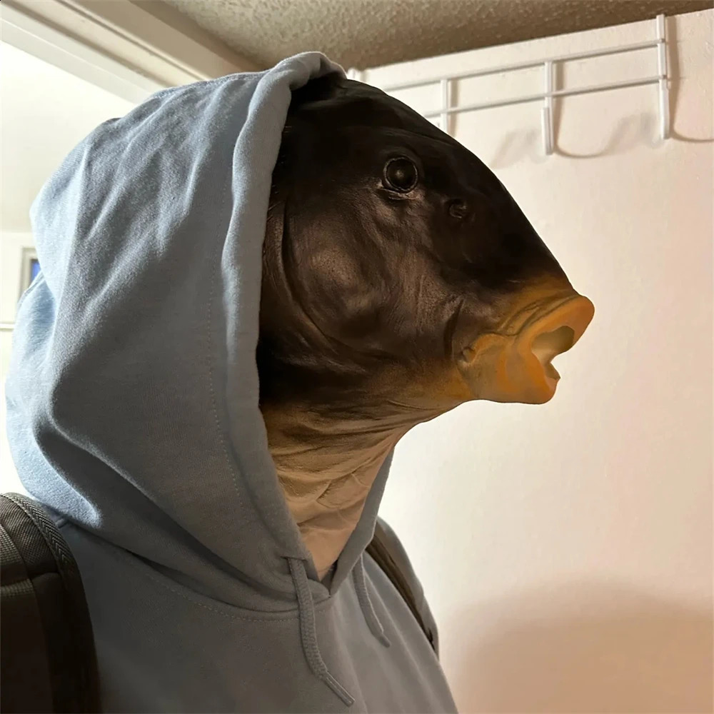 Fish Head Mask Funny Animal Black Carp Mask For Halloween Birthday Party Animal Cosplay Head Cover Prank Prop Fish Latex Masks 240802