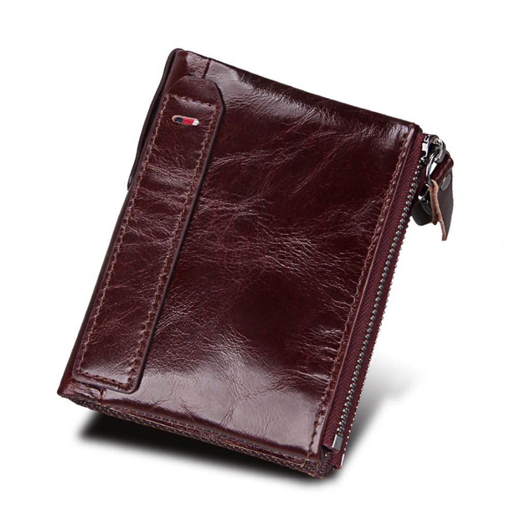 Genuine Cow Leather RFID Men Wallets Double Zipper Short Purses Card Holder Coin Pocket Vintage High Quality Brand Male Wallets