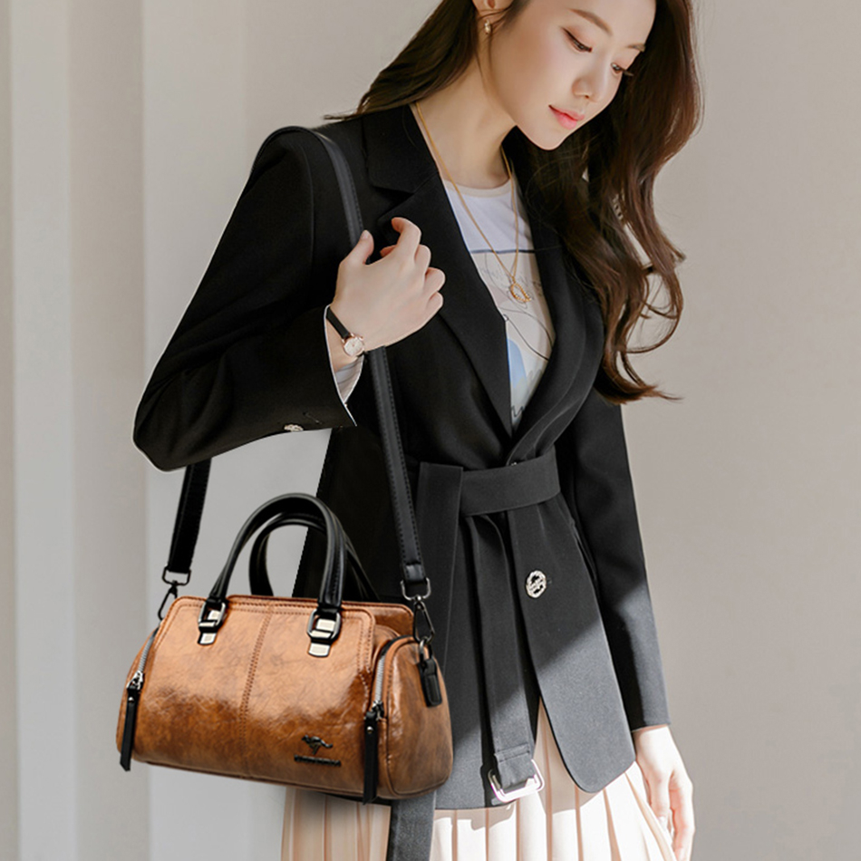 High-quality Soft Leather Shoulder Bag for Women Solid Color Simple Fashion Style Handbags Ladies Shopper Boston Crossbody Bags